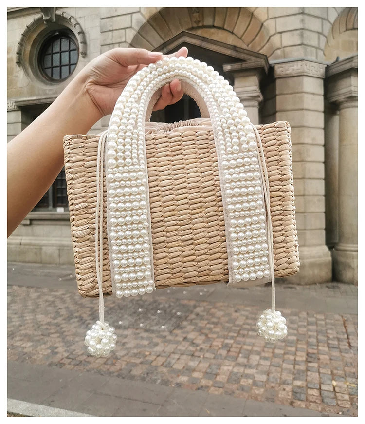 Delicate Handwoven Beaded Straw Tote Bag for Women