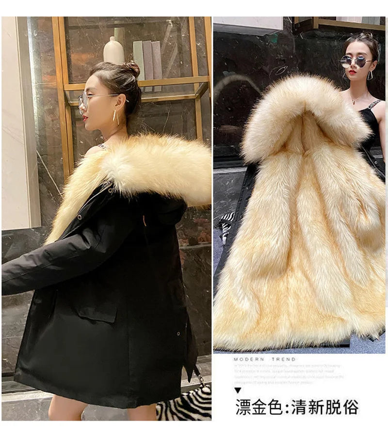 Winter Thick Warm Parkas Women Mink Detachable Inner Fur One Coat Long FauxFur Mink Cotton Jackets Female Hooded Chaquetas Mujer