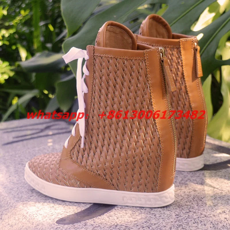 Breathable Brown Woven Lace Up Ankle Boots For Women