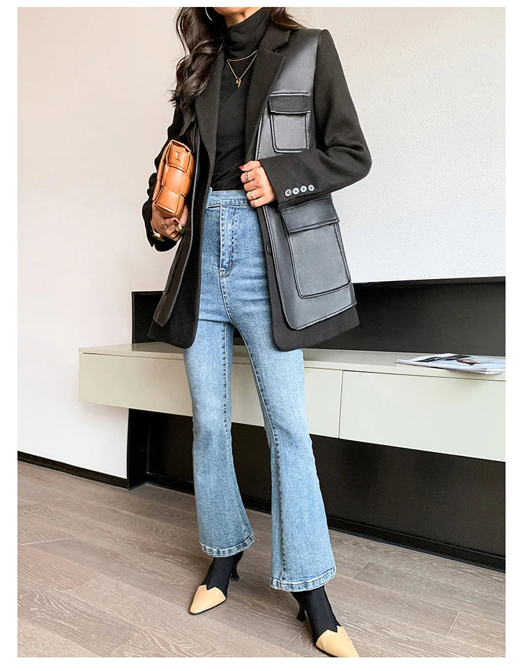 Black Patchwork Faux Leather Jacket With Pockets For Women