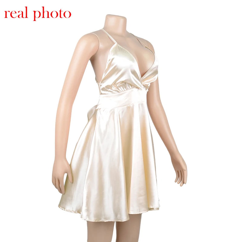 Cryptographic Satin Sexy Backless Sleeveless Party Night Club Wrap Mini Dresses Spaghetti Straps Elegant Dress Solid Vestidos