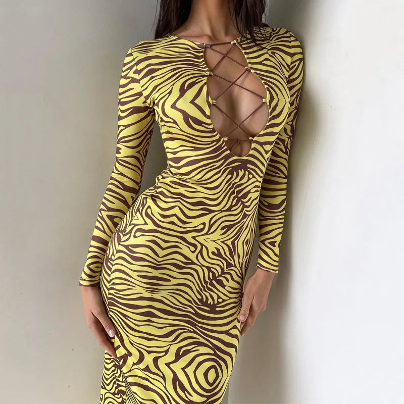 Zebra Print Hollow Out Bodycon Midi Dress for Women