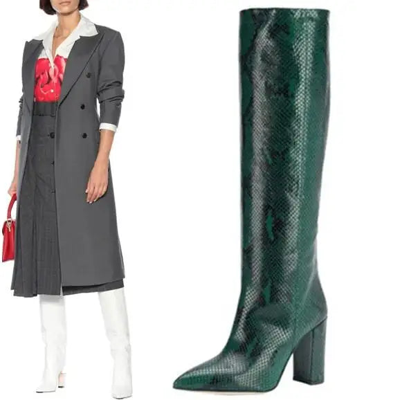 Pointed Toe Slip On Leather Knee High Boots for Women