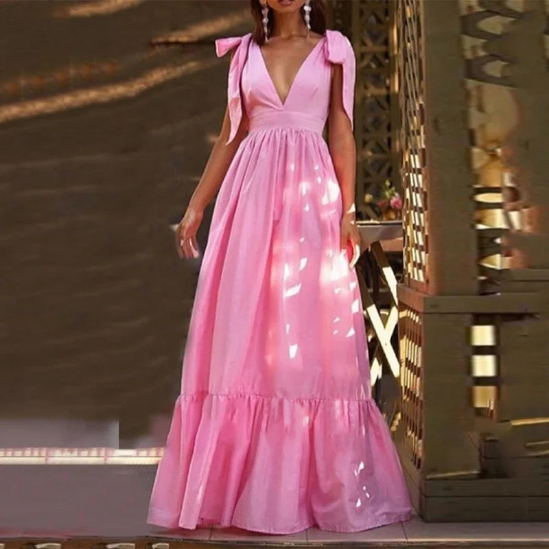Elegant Backless V-Neck Ruffle Maxi Party Dress for Women