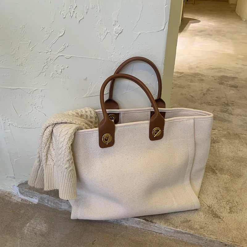 New Women Tote Bag Fashion Canvas Large Handbag Chains Genuine Leather Shoulder Bags Ladies Big Messenger Bag Shopping Bag