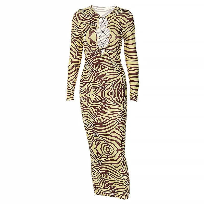 Zebra Print Hollow Out Bodycon Midi Dress for Women