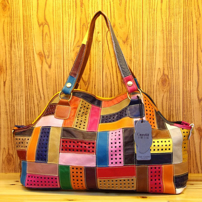 Patchwork Genuine Leather Shoulder Tote Bag for Women