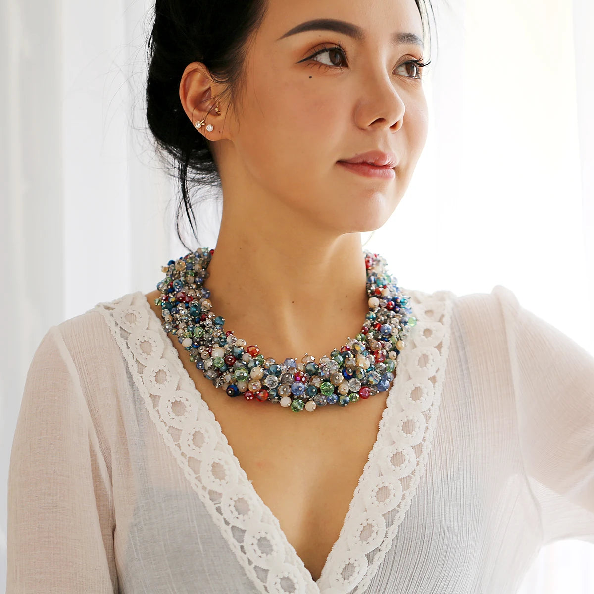 Double Layer Turquoise Bead Statement Necklace for Women