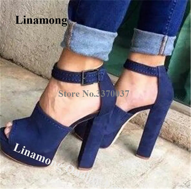 Blue Suede Platform Pumps With Chunky Heel For Women