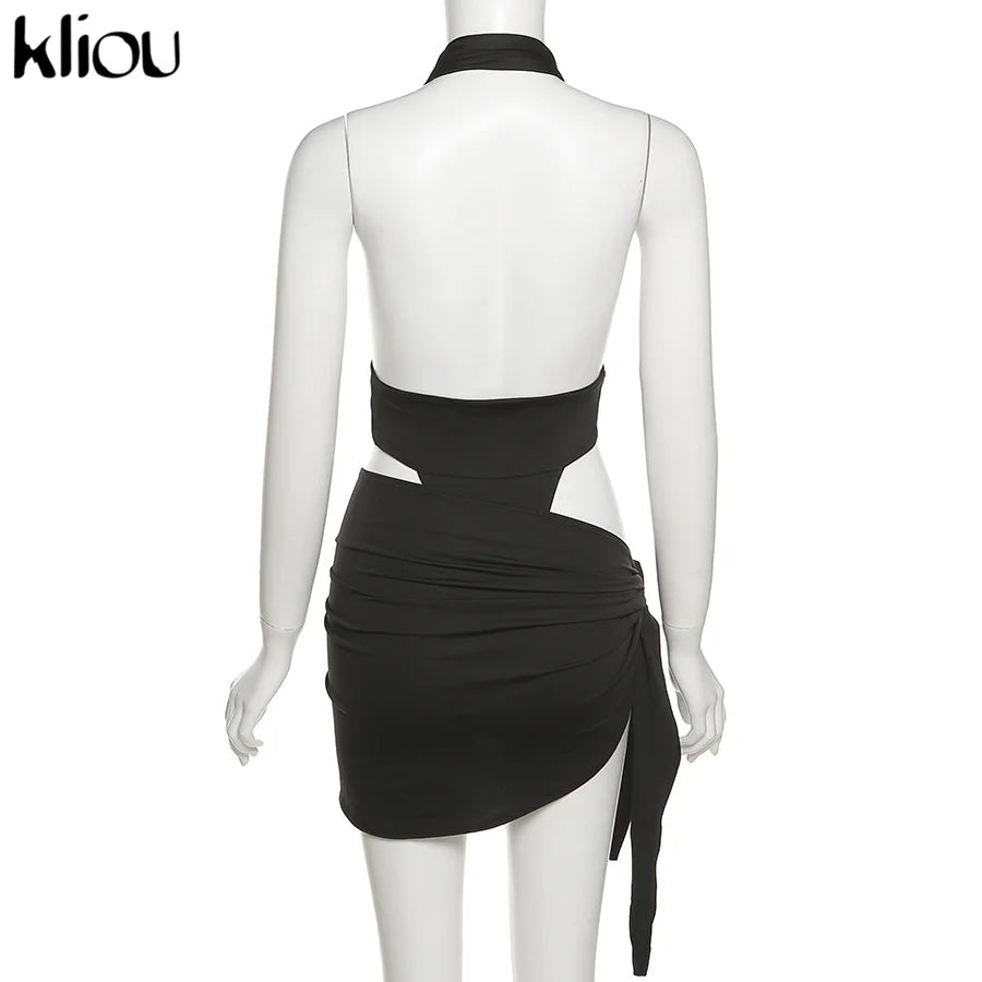 Deep V Neck Backless Halter Two Piece Skirt Set for Women