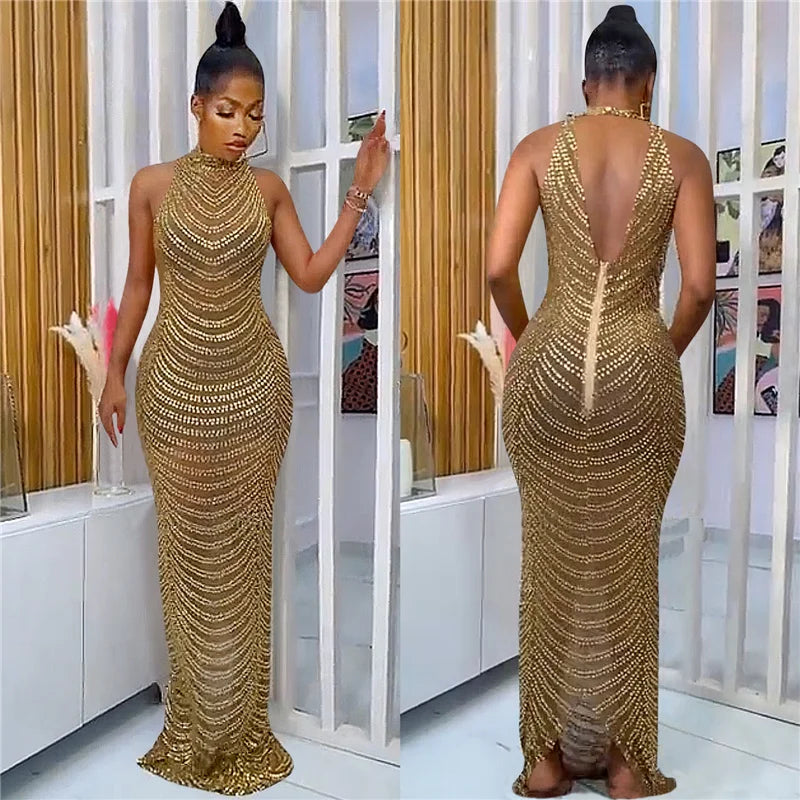 Backless Crystal Rhinestone See Through Bodycon Maxi Dress for Women
