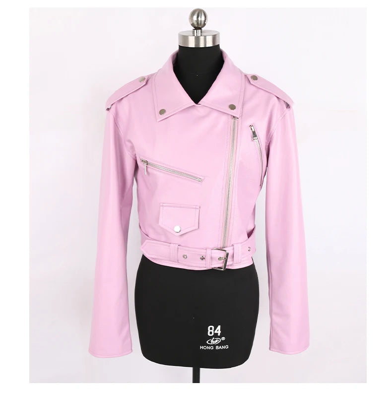 Faux Leather Short Biker Jacket with Zipper and Epaulets for Women