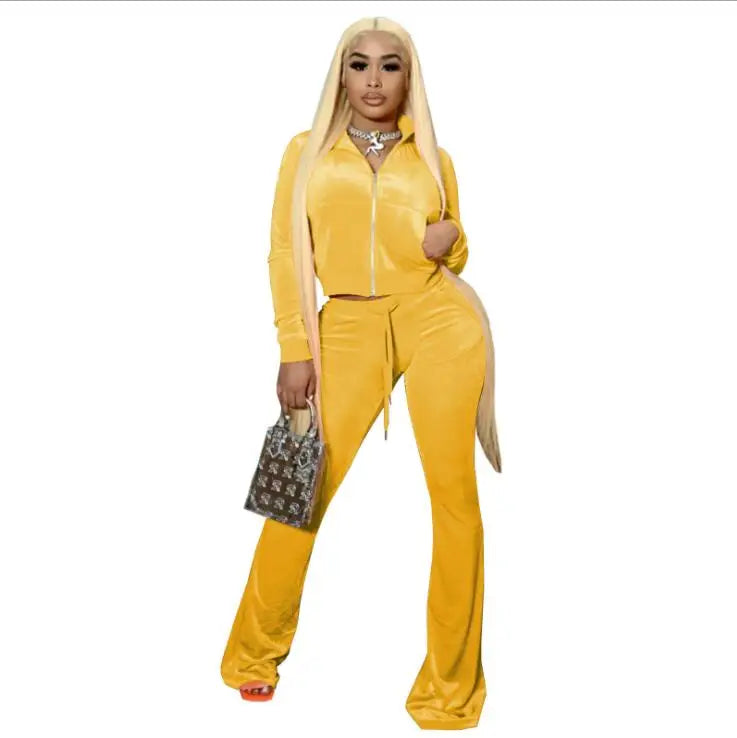 Zippered Turtleneck Velour Two Piece Wide Leg Set for Women