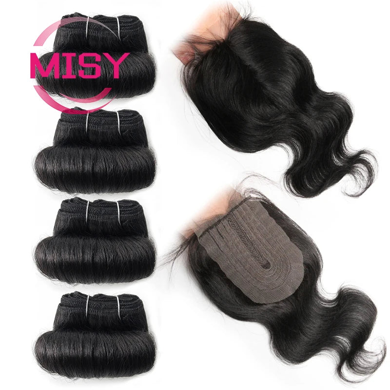 Short Curly Human Hair Bundles With Closure Brazilian Natural Hair Bundles With Closure 4x1 T Part Closure Non-Remy Human Hair