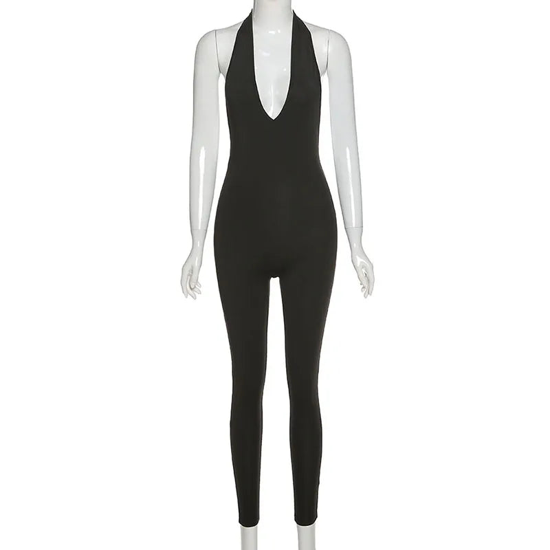 Halter V Neck Sleeveless Bodycon Jumpsuit for Women