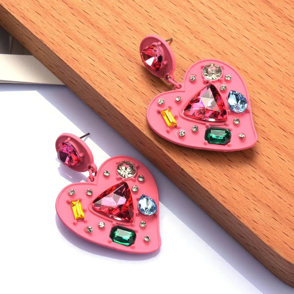 Pink Enamel Heart Shaped Crystal Drop Earrings for Women
