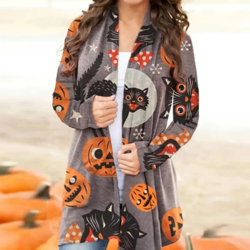 Skull Pumpkin Print Open Front Long Cardigan for Women