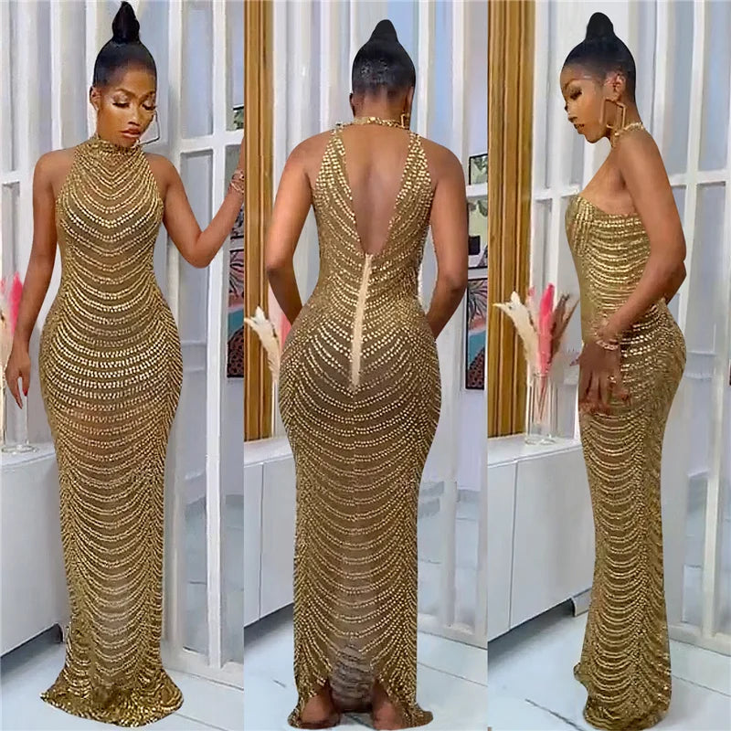 Backless Crystal Rhinestone See Through Bodycon Maxi Dress for Women