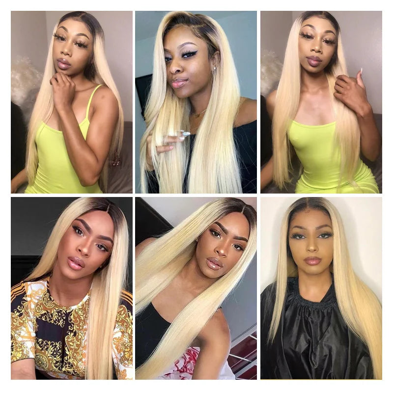 Dark Root Blonde Ombre Straight Hair Bundles With Lace Frontal For Women