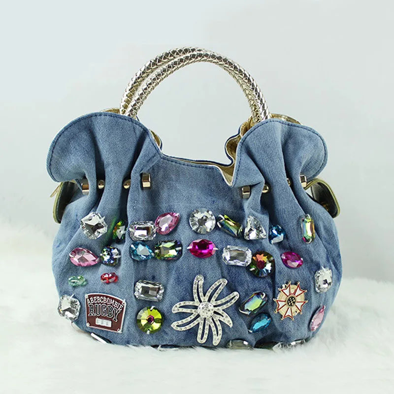Vintage Rhinestone Denim Shoulder Handbag for Women
