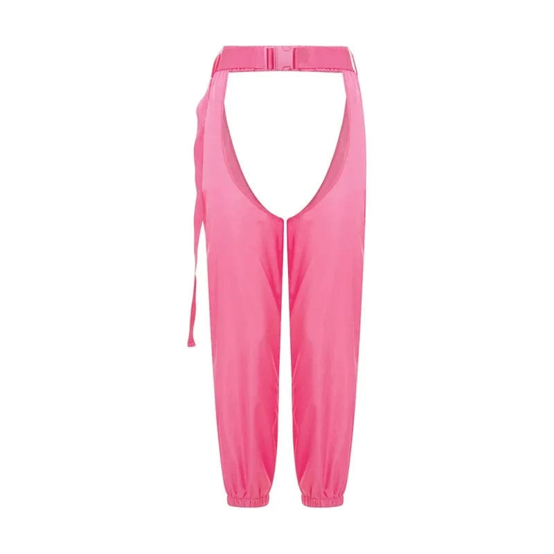 hirigin Women Buckles Bottomless Pants High Waist Cargo Trousers Crothchless Color Block Boggy Trousers Long Rave Legging