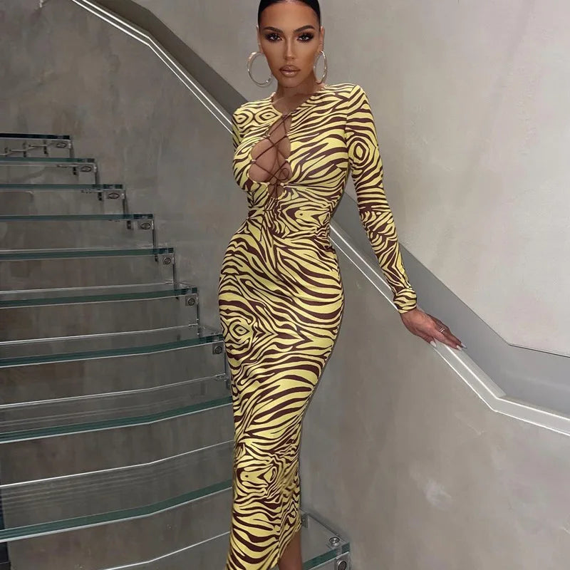 Zebra Print Hollow Out Bodycon Midi Dress for Women