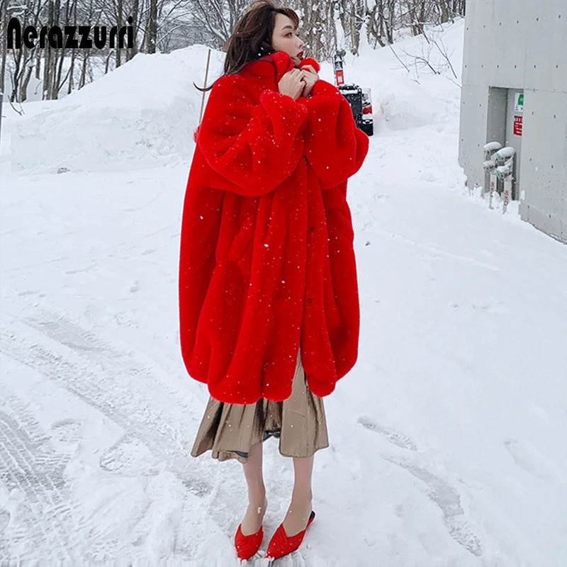 Soft Warm Fluffy Oversized Red Raglan Long Faux Fur Coat for Women