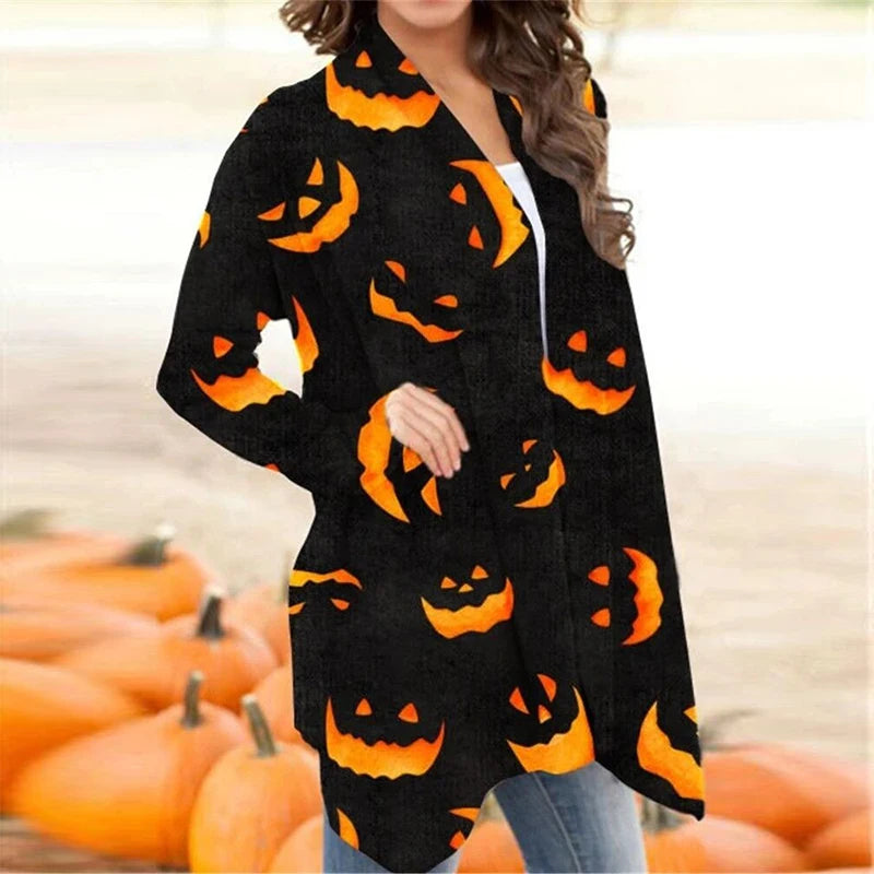 Skull Pumpkin Print Open Front Long Cardigan for Women