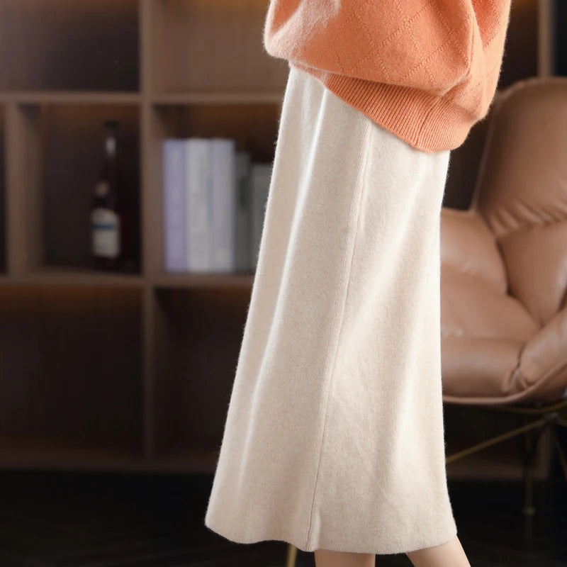 Pure Wool High Waist Knit A-Line Midi Skirt for Women
