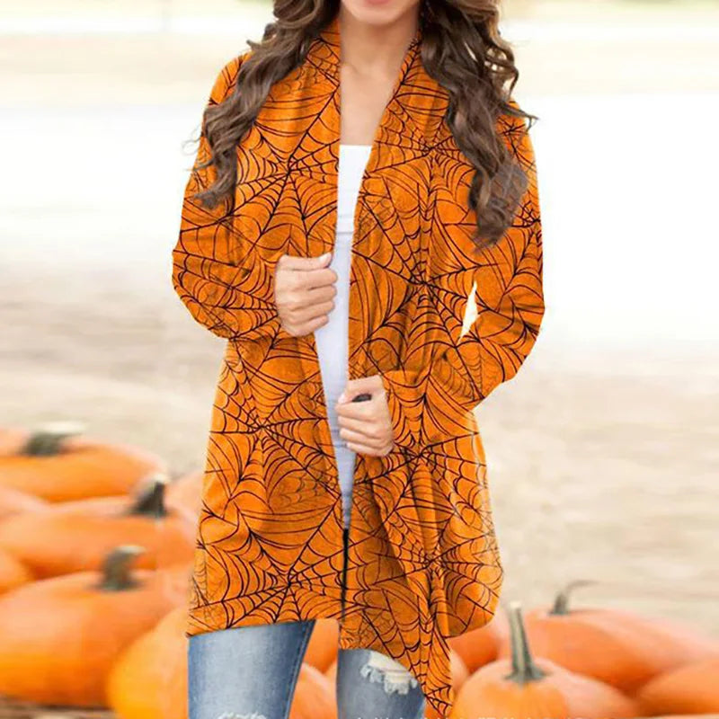 Skull Pumpkin Print Open Front Long Cardigan for Women