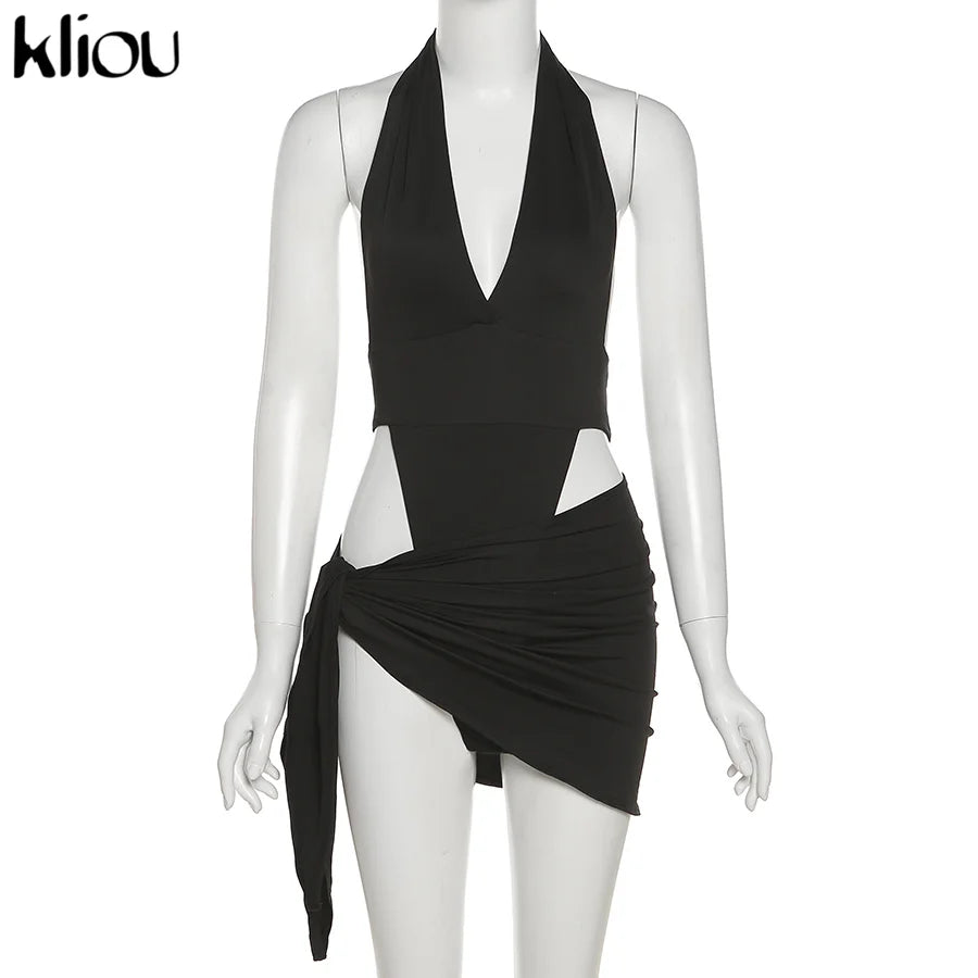 Deep V Neck Backless Halter Two Piece Skirt Set for Women