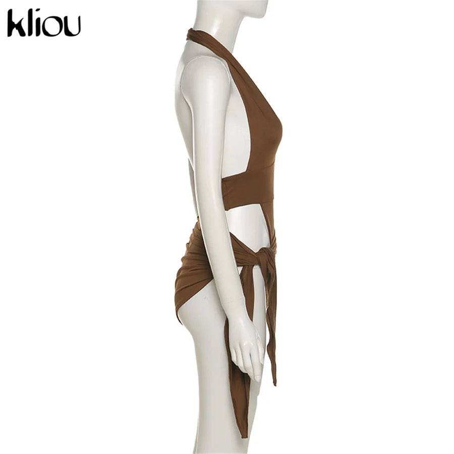 Deep V Neck Backless Halter Two Piece Skirt Set for Women
