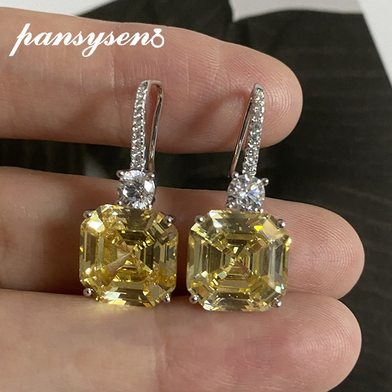 PANSYSEN 925 Sterling Silver Asscher Cut Simulated Moissanite Citrine Gemstone Drop Earrings for Women Wedding Fine Jewelry Gift