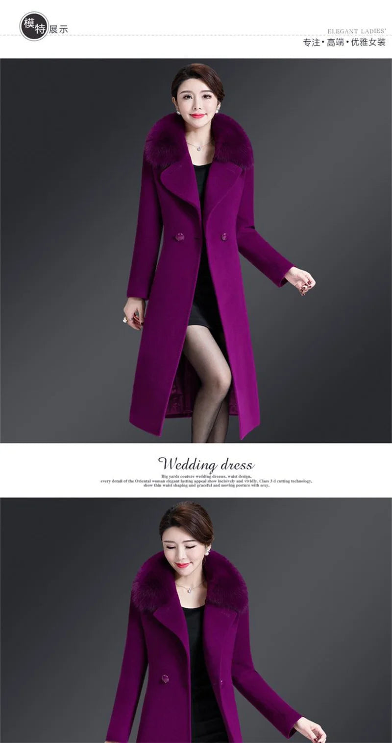 High Quality Big Fur Collar Woolen Coat Women Belt Knee-Length Double Breasted Mid-Long Woolen Jacket For Autumn Winter Outcoat