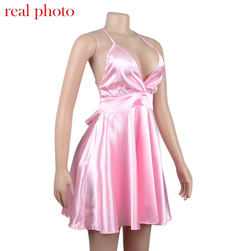 Cryptographic Satin Sexy Backless Sleeveless Party Night Club Wrap Mini Dresses Spaghetti Straps Elegant Dress Solid Vestidos