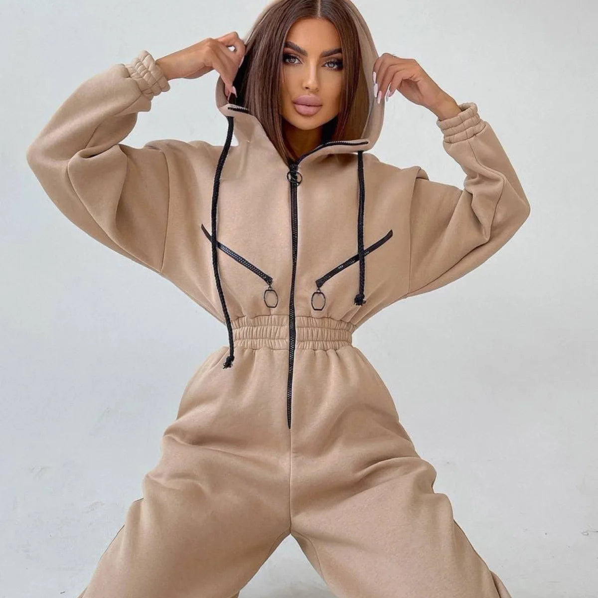 Casual Long Sleeve Hooded Jumpsuit With Pockets for Women