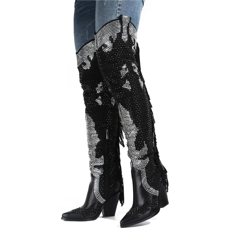 Western Rhinestone Fringe Over The Knee Boots For Women