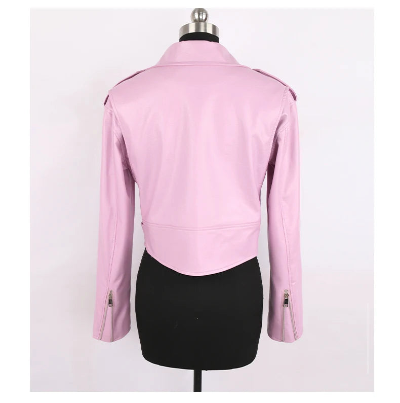 Faux Leather Short Biker Jacket with Zipper and Epaulets for Women