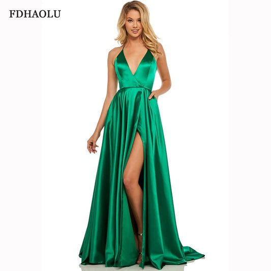 Green Simple Satin Red Evening Dresses Sleeveless Long Formal Prom Party Gowns Backless Celebrity Dresses Customized