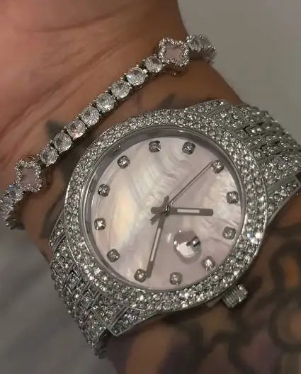 2025 UWIN Pink Mother of Pearl Watch White Gold Finished Iced Out Pink Marble Dial Crystal Luxury Watch for Women