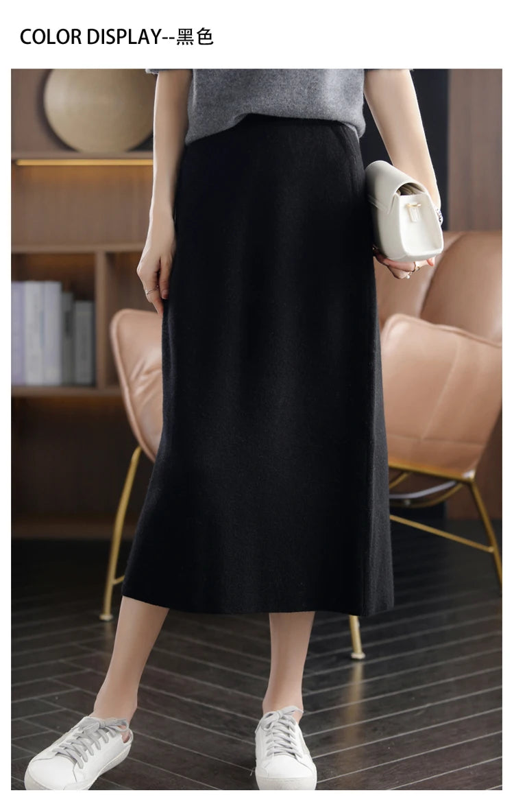 Pure Wool High Waist Knit A-Line Midi Skirt for Women
