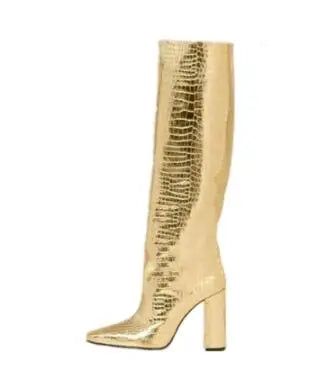 Pointed Toe Slip On Leather Knee High Boots for Women