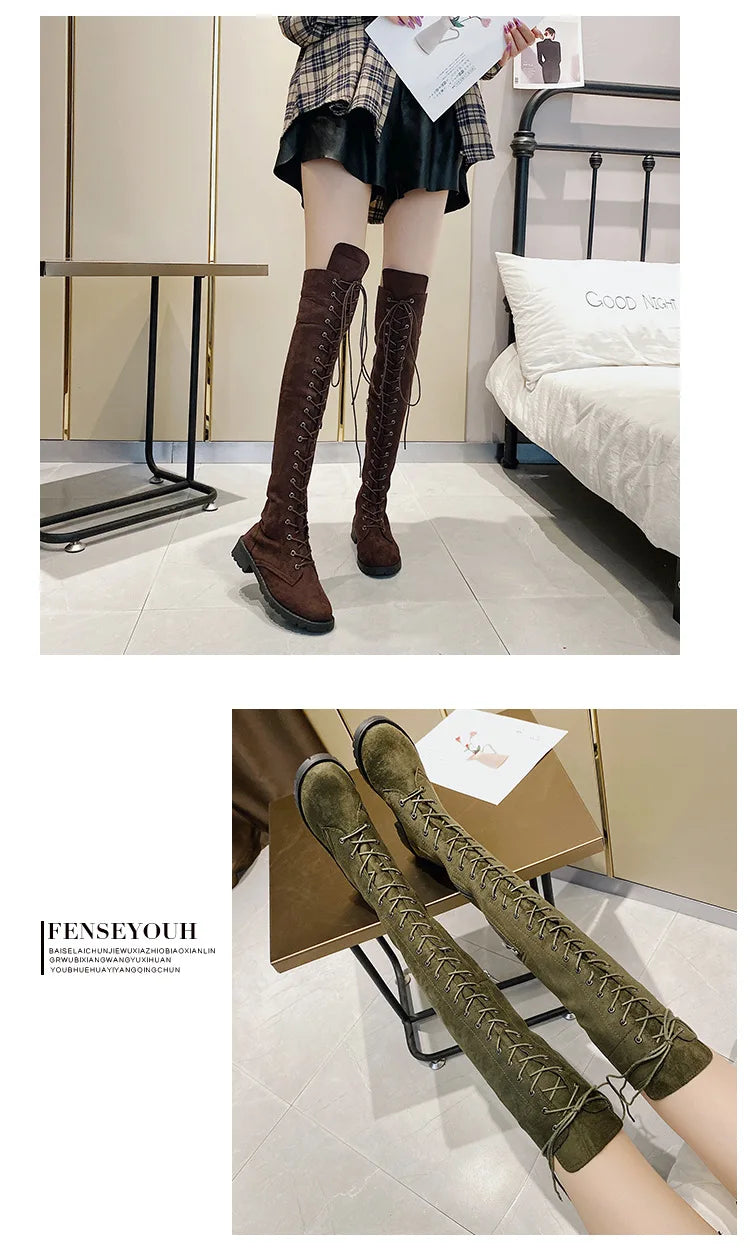 Lace Up Low Heel Winter Over The Knee Boots for Women