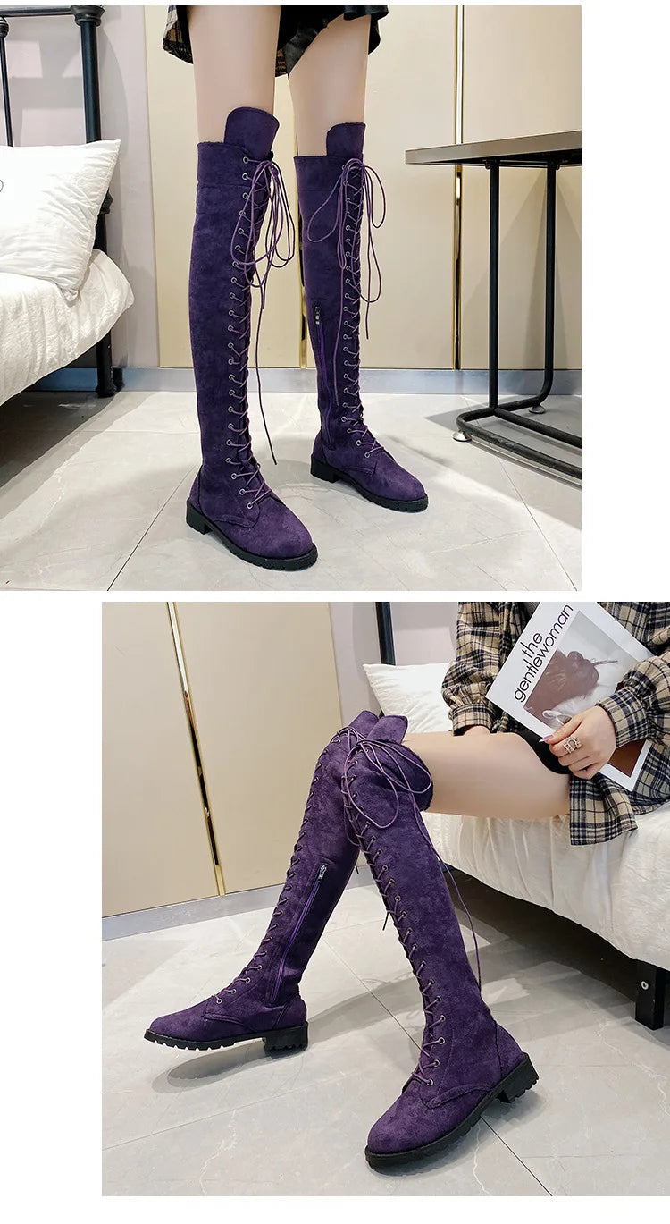 Lace Up Low Heel Winter Over The Knee Boots for Women