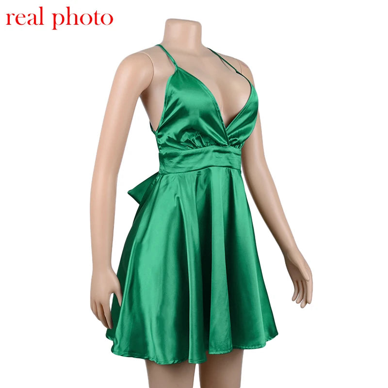 Cryptographic Satin Sexy Backless Sleeveless Party Night Club Wrap Mini Dresses Spaghetti Straps Elegant Dress Solid Vestidos