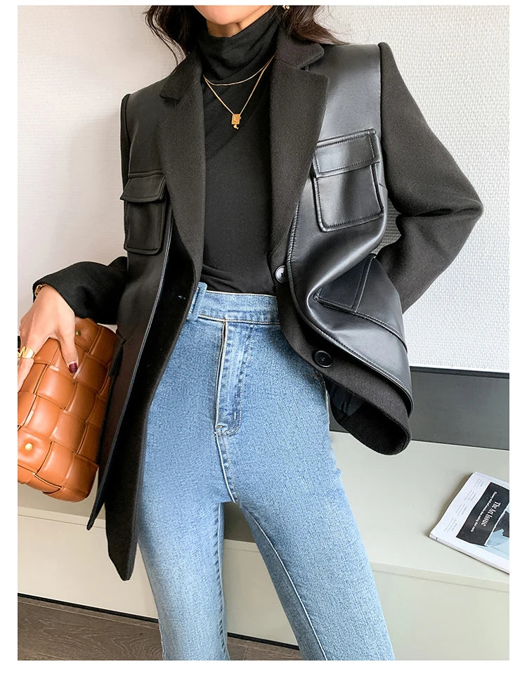 Black Patchwork Faux Leather Jacket With Pockets For Women