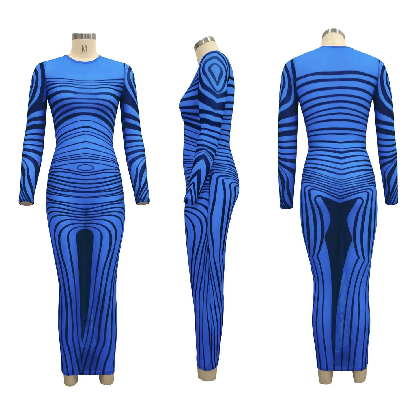 Long Sleeve Mesh Maxi Dress with Stripe Print for Women