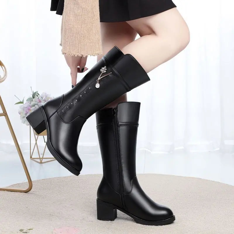 Genuine Leather Mid Calf Boots