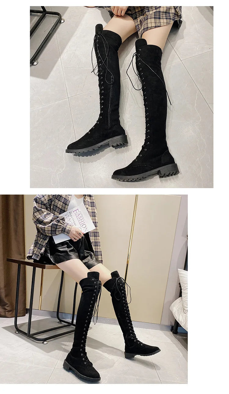 Lace Up Low Heel Winter Over The Knee Boots for Women