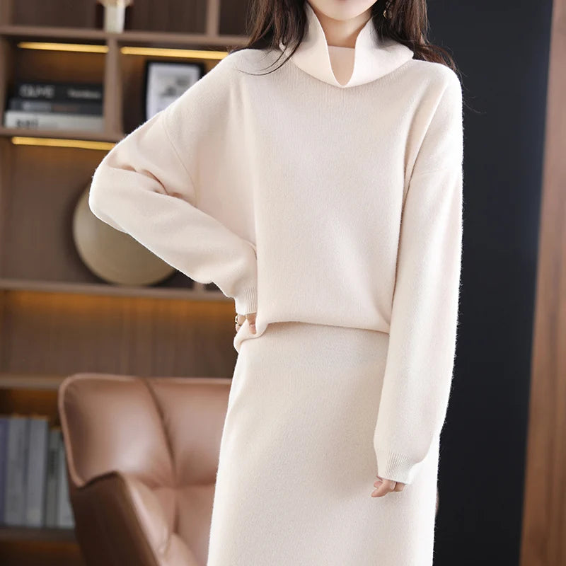 Wool Cashmere Knit Sweater and Skirt Two Piece Set for Women